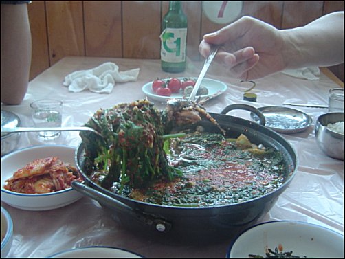 이 곳 멸치찌개에는 향긋한 방아를 많이 쓴다 